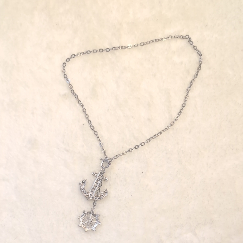 Silver Rhinestone Anchor & Ship's Wheel Necklace✨